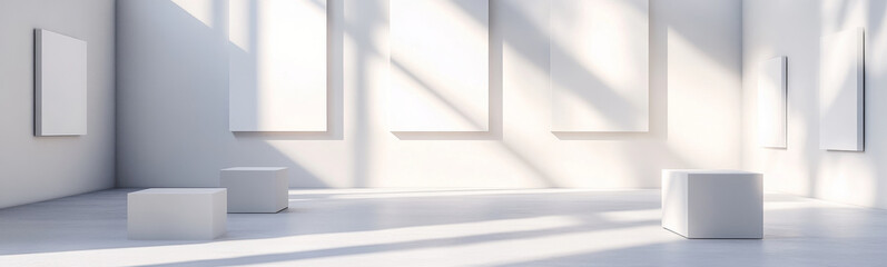 Obraz premium A bright and spacious art gallery featuring empty white walls and minimalist display cubes, creating serene atmosphere for artistic expression