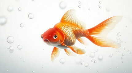 Fototapeta premium Lively orange goldfish swimming in a clean, clear environment, accompanied by soft bubbles for a serene feel.