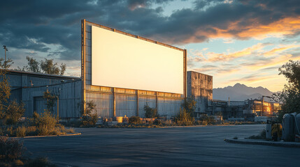 A large, empty billboard stands in an abandoned industrial area, surrounded by overgrown vegetation and weathered buildings. sunset casts warm glow, enhancing serene yet desolate atmosphere