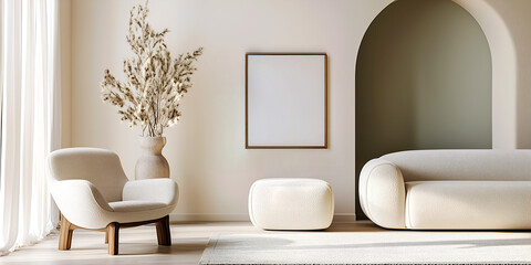 White armchair and sofa with pampas grass in vase in modern living room, blank white empty frame on white wall