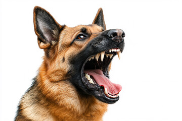 portrait of aggressive barking dog with open mouth on white background with copy space