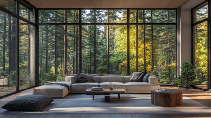A modern living room features spacious sectional sofa, wooden coffee table, and large windows showcasing serene forest view. natural light creates warm and inviting atmosphere