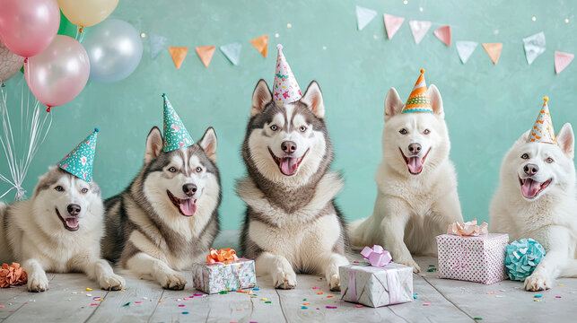 Happy huskies celebrate birthday party with colorful hats, balloons, and gifts. Their joyful expressions create festive atmosphere, perfect for any celebration