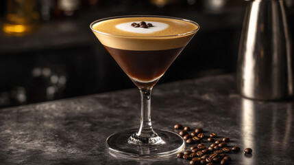 Espresso martini cocktail garnished with coffee beans on a dark bar countertop, featuring creamy froth and rich coffee layers