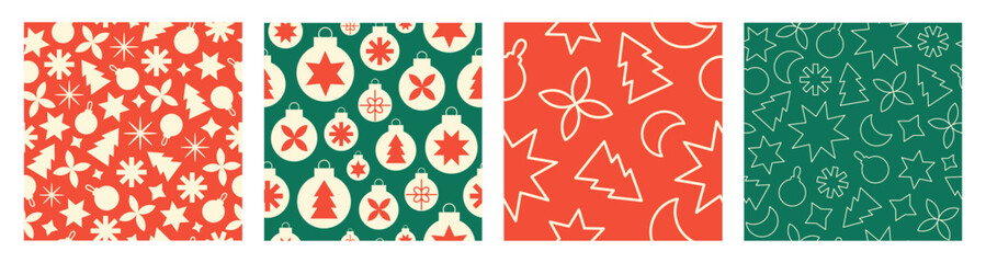 Christmas set seamless patterns with minimalist geometric elements. Red, green and white colors. Vector illustration in modern flat style.	