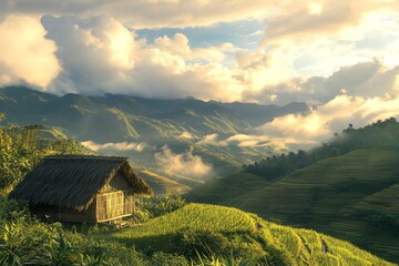 Obraz premium The atmosphere of the rice fields is like terraces and there are small huts that the villagers built for living. There is a beautiful atmosphere in the middle of the valley.