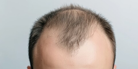 Obraz premium Top view of a young Caucasian man showing hair loss and thinning hairstyle.
