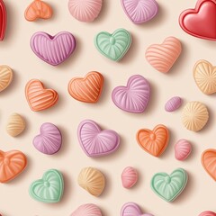 Colorful heart-shaped candies scattered on a soft, neutral background.