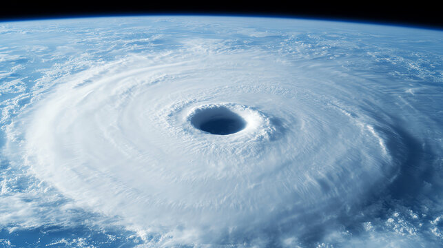 Aerial view of a massive hurricane forming over the ocean, showcasing swirling clouds and the eye of the storm.