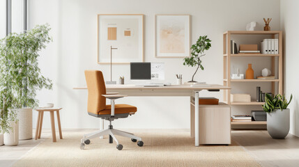 A modern home office featuring stylish desk, ergonomic chair, and organized shelving. warm tones and natural light create welcoming and productive atmosphere