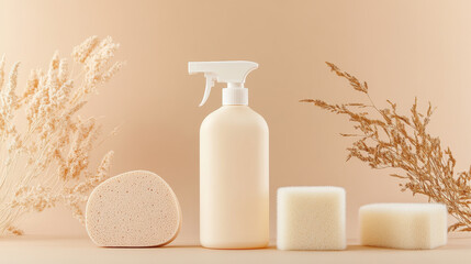 A minimalist composition featuring spray bottle, sponges, and dried flowers against soft beige background. This serene arrangement evokes sense of cleanliness and tranquility