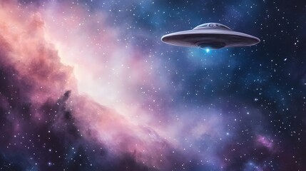 Ethereal Cosmic Nebula with Emerging Interstellar UFO in Soft Violet and Pink Hues   A Whimsical and Dreamlike Watercolor Painting of a Mystical Galactic Scene