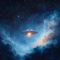 Fototapeta premium Mesmerizing watercolor painting depicting a vibrant dreamlike universe filled with twinkling stars swirling nebulae and a faintly glowing UFO amidst the galaxy s sparkling beauty