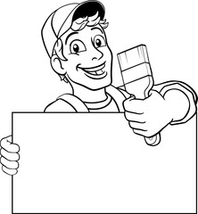 A painter decorator handyman cartoon construction man mascot character holding a paint brush tool
