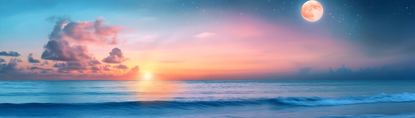 Obraz premium Enchanting Vintage Inspired Moonlit Ocean Seascape with Sparkling Stars Casting a Serene and Mystical Atmosphere