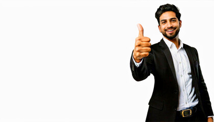 A portrait of a smiling South Asian man wearing a black suit and giving a thumbs up against a white background.