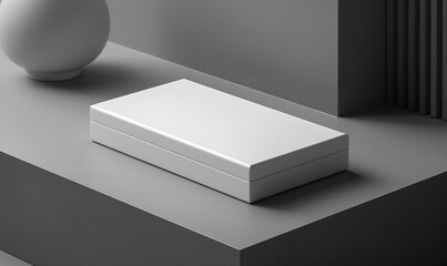 Fototapeta premium A sleek, simple packaging box with clean lines and a modern style is resting on a surface. The monochromatic background accentuates its refined appearance, Generative AI.