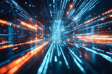 Fototapeta premium A futuristic digital interface composed of bright blue and orange lines and data points