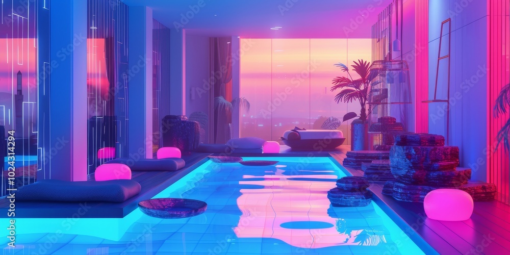 Poster a neon colored pool with a blue and pink color scheme. the pool is surrounded by pillows and a few p