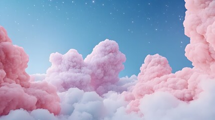 Dreamy pastel hued skies filled with twinkling stars and soft floating clouds creating a whimsical 1970s inspired fantasy world with subtle sparkles throughout the serene tranquil landscape