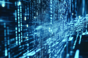 A futuristic vision of blue digital code flowing across a high-tech virtual environment