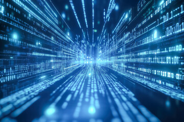 A futuristic vision of blue digital code flowing across a high-tech virtual environment