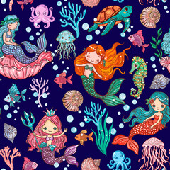 Cute Little Mermaids Children's Seamless Pattern on a blue background