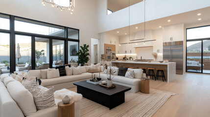 A modern living room featuring spacious layout with large windows, cozy white sectional sofa, and stylish coffee table. bright atmosphere is enhanced by natural light and elegant decor