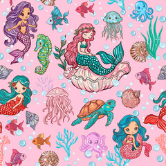 Cute Little Mermaids Children's Seamless Pattern on Pink Background