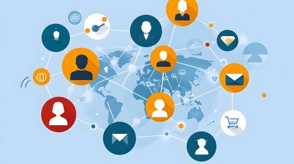 Futuristic connectivity grid with digital icons representing demographic data and global internet interaction showcasing advanced technology and big data analytics for a modern interconnected world