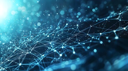 Glowing digital network with connections and bokeh symbolizing cloud computing and the internet matrix on a dark background