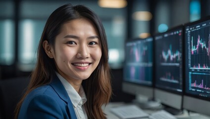 Young adult woman asia people expert tech talent user happy smile looking at camera on AI project SEO visual big data science report center BI smart tools. Office IT worker 