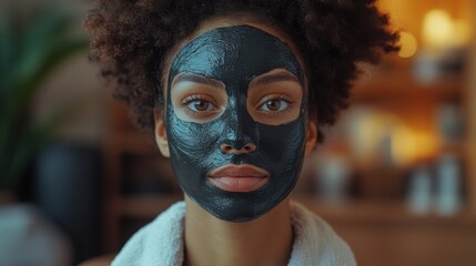 Full body shot of a woman in a robe applying a black charcoal mask, warm living room, soft focus.