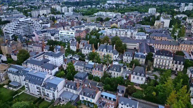 Forward aerial movement above the Thabor district area, Ille et Vilaine, Rennes in France.
