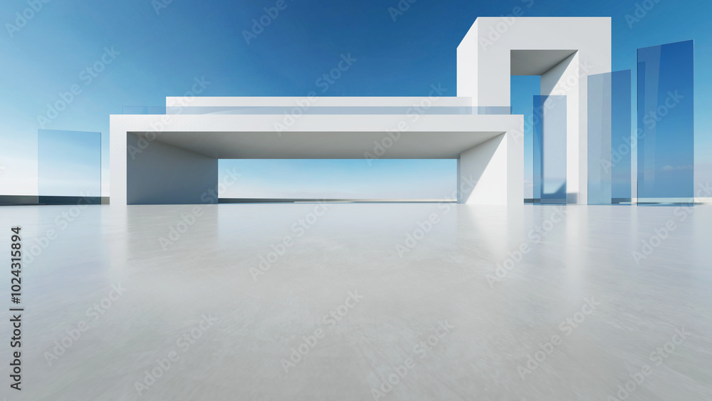 Aufkleber 3d render of abstract modern concrete architecture with empty cement floor, minimal exterior, car pr