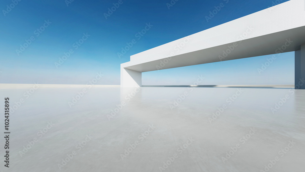 Poster 3d render of abstract modern concrete architecture with empty cement floor, minimal exterior, car pr
