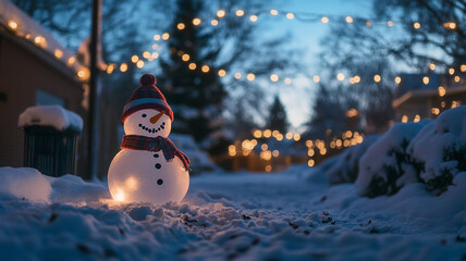 Fototapeta premium A festive snowman stands in a snowy yard adorned with twinkling lights during the winter solstice