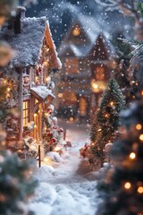 A small town with a Christmas tree in the middle of the street