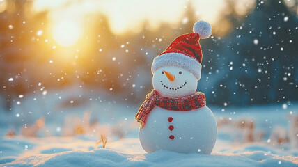 Fototapeta premium A cheerful snowman stands in a snowy landscape during the winter solstice at sunset