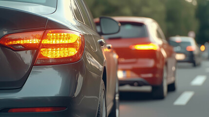 A close-up view of cars in traffic, with glowing taillights and turn signals, captures the essence of the evening commute. The smooth road ahead highlights the urban rhythm of the city&rsquo;s daily flow.