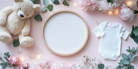 Adorable baby-themed flat lay with a teddy bear and a soft onesie on a pink background.