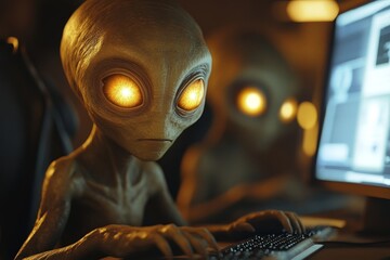 Extraterrestrials With Luminous Eyes Engaging In Advanced Technology At Computer Workstation