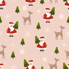 Cristmas background with santa and reindeer, pattern for wrapping paper, invitation, greeting card
