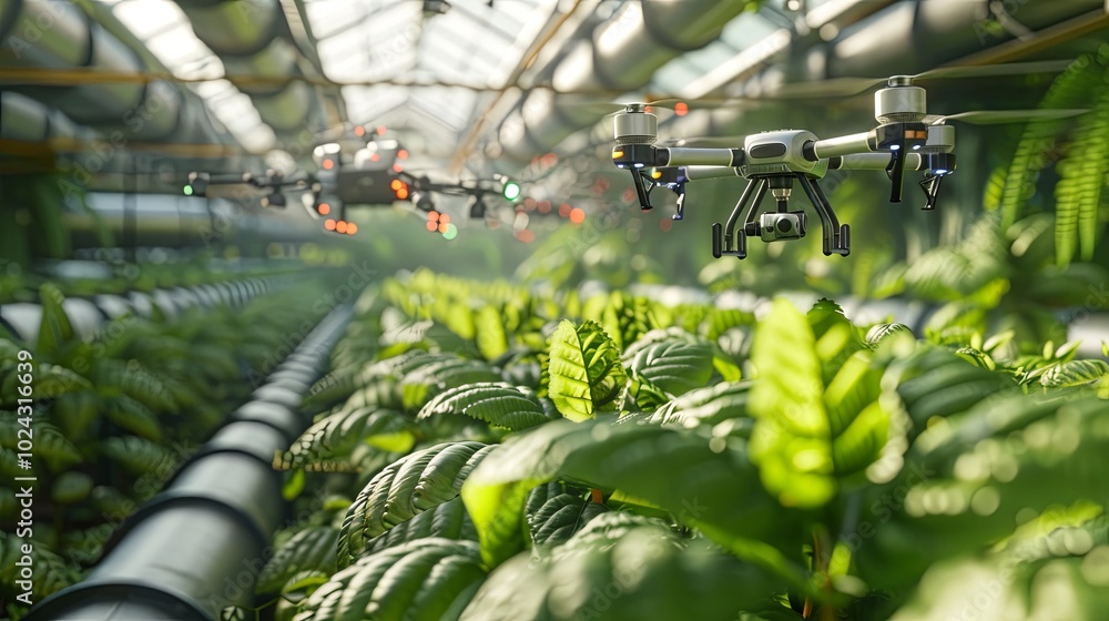 Aufkleber Drones and sensors equipped with AI monitor crops, enhancing farming efficiency and optimizing agricultural practices in real-time. Generative AI