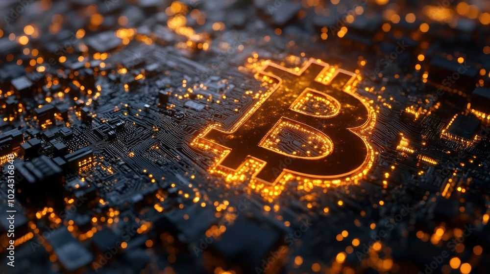Poster a glowing bitcoin symbol is embedded in a circuit board, representing the digital currency's connect