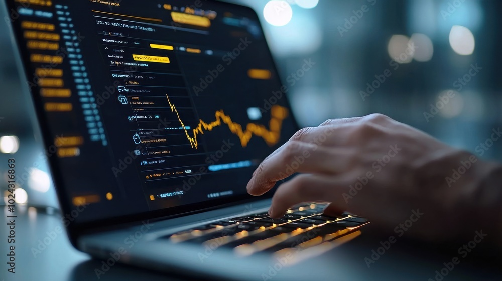 Poster close up of hand tapping on laptop keyboard while analyzing financial data on screen. atmosphere is 