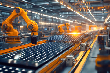 A high-tech factory setting, featuring a conveyor belt filled with large solar panels moving through