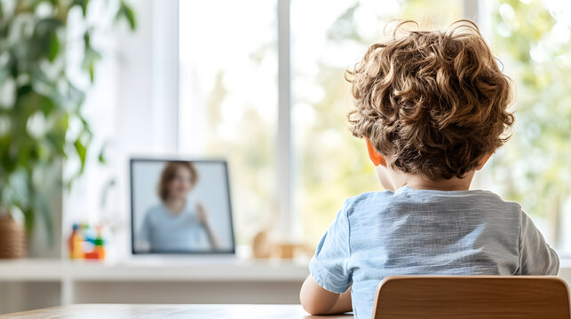 Child engaging in a teletherapy session sitting in a play room