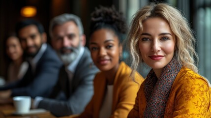 Obraz premium A diverse group of business professionals are sitting in a cafe, with one woman looking directly at the camera.