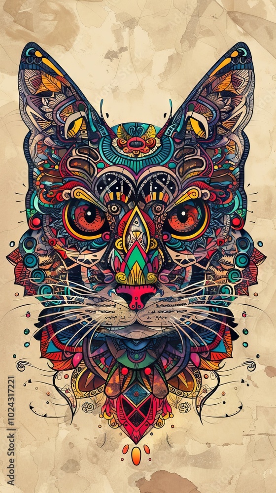 Wall mural Cat head in conceptual art featuring colorful tribal ornaments.